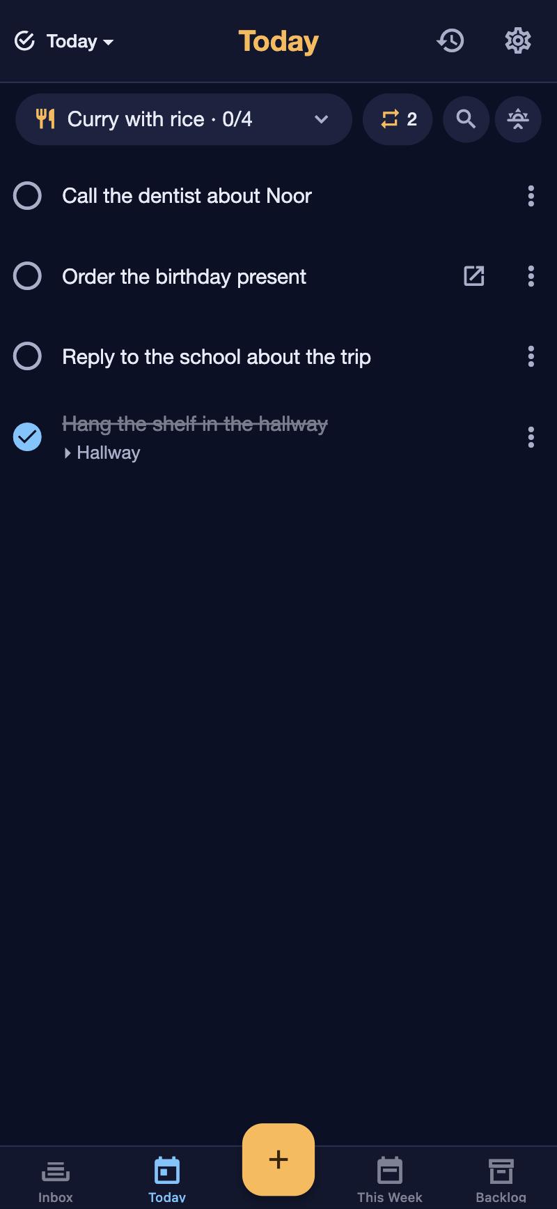 The Today list in the app